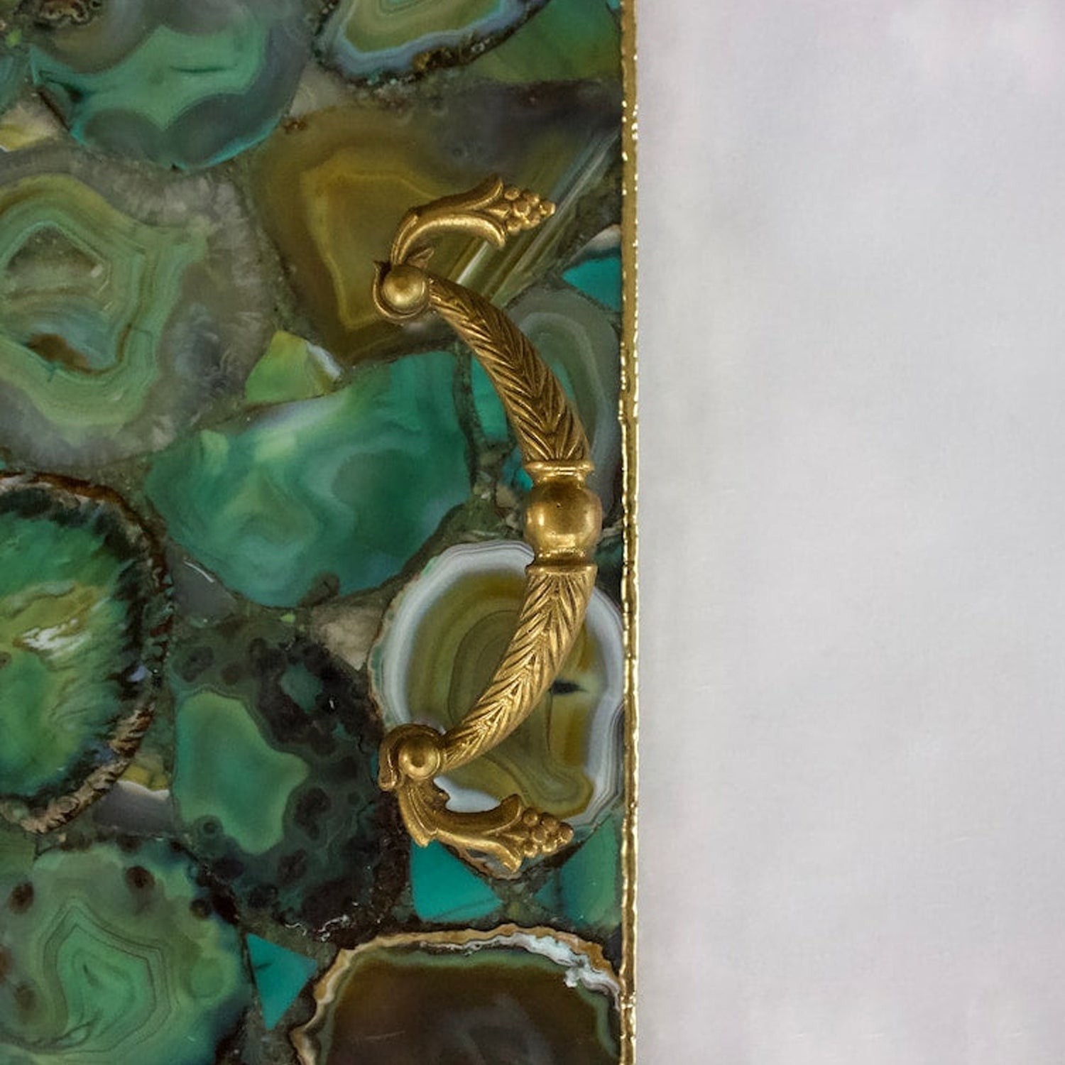 Light Green Agate Serving Tray With Brass Handles | Square