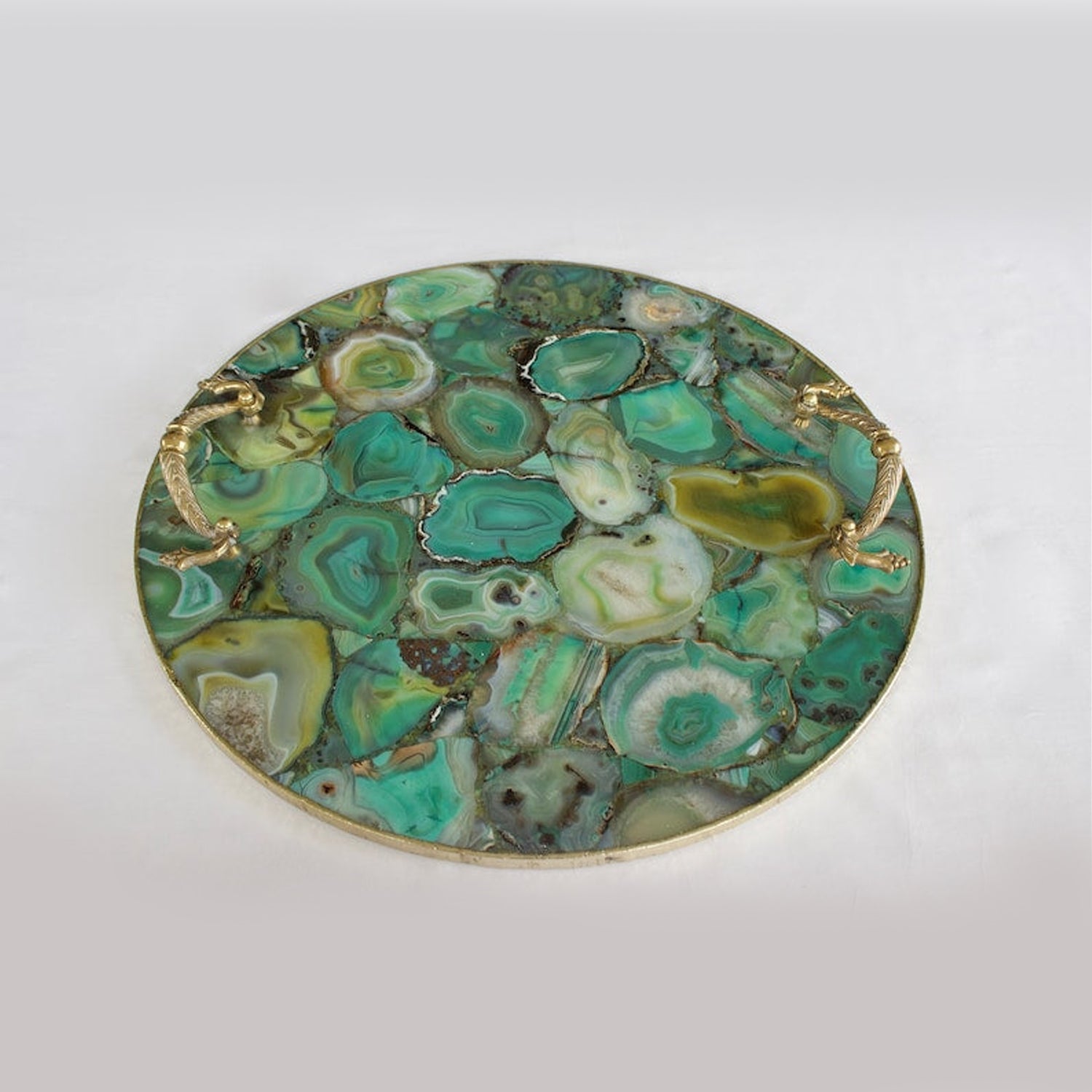 Green Agate Serving Tray With Brass Handles | Circular