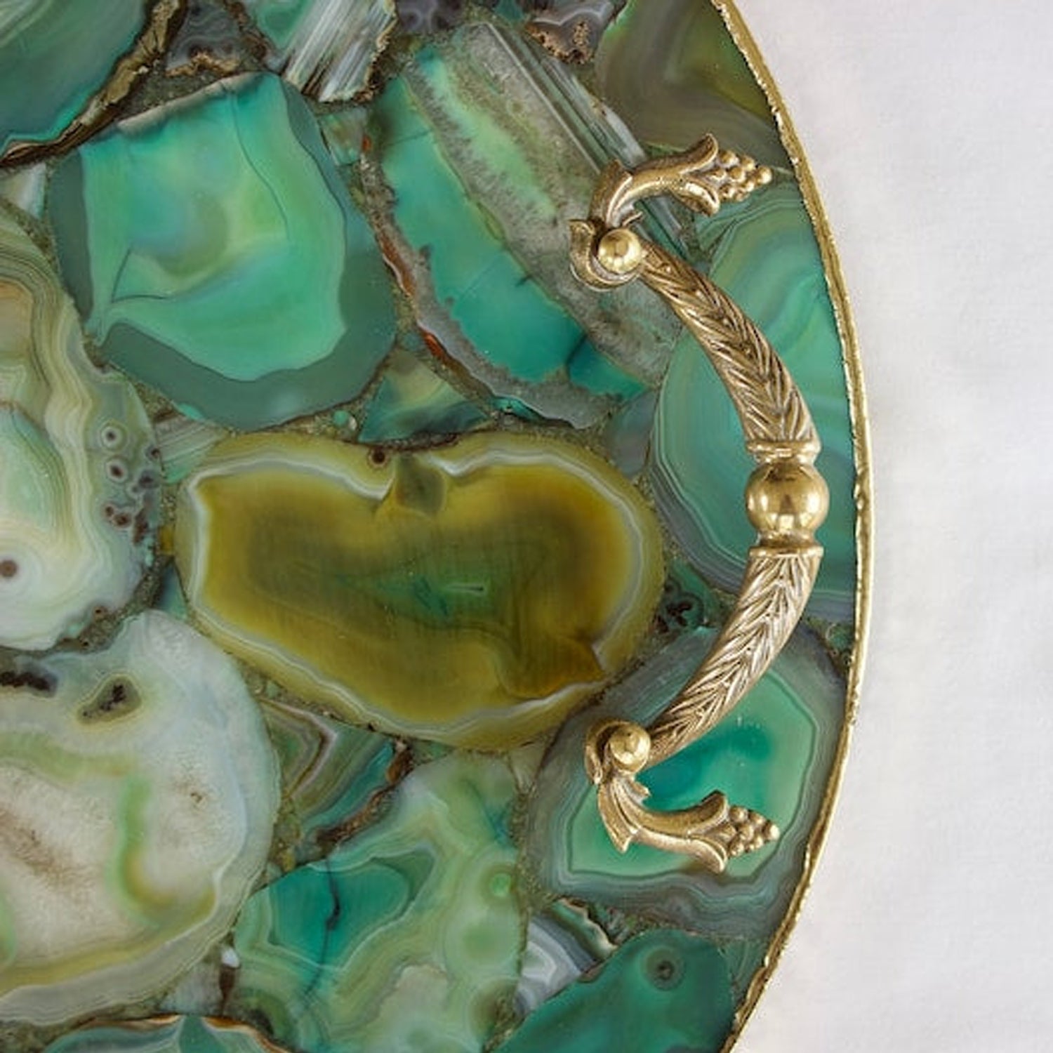 Green Agate Serving Tray With Brass Handles | Circular