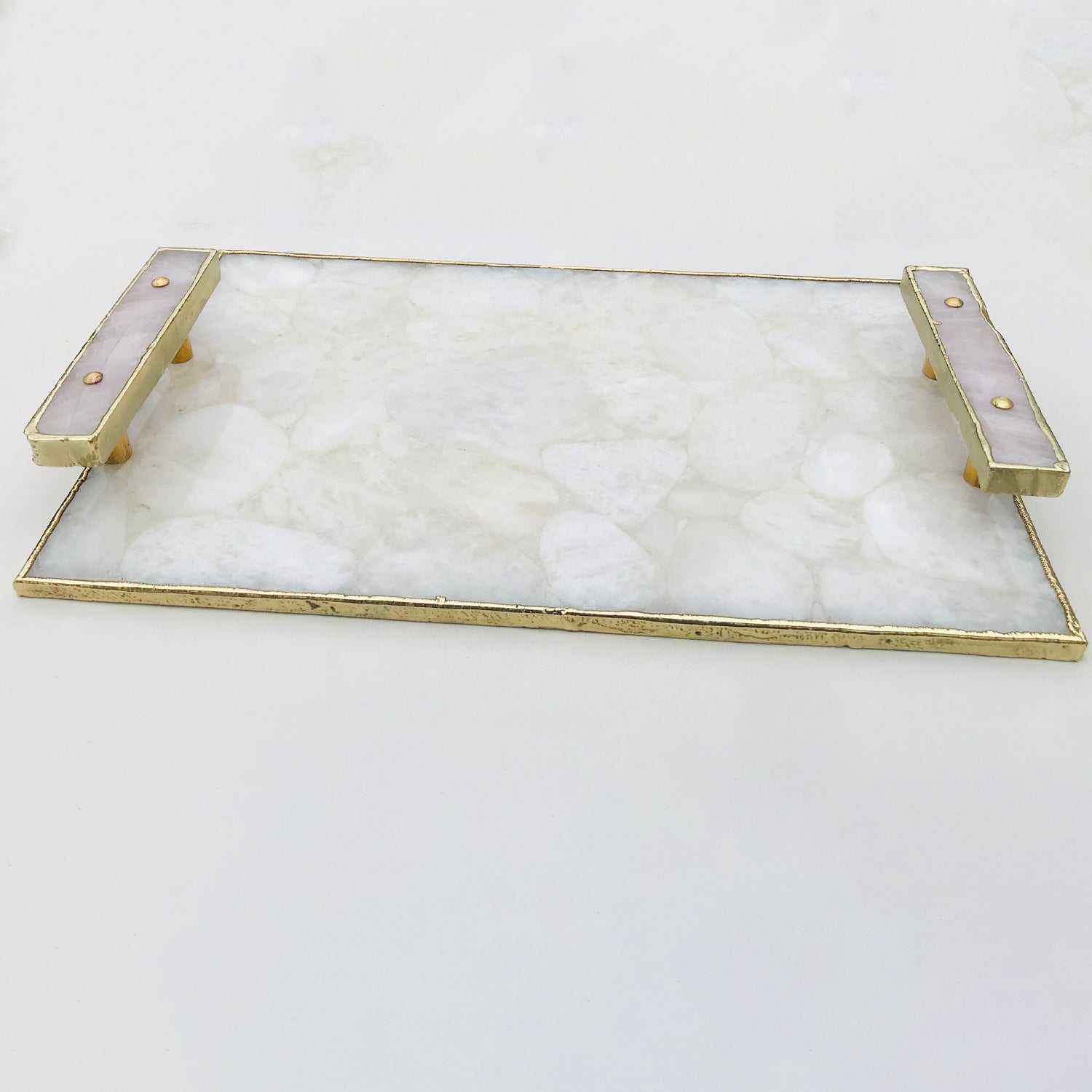 White Crystal Agate Plated Serving Tray With Rose Quartz Handles/Personalised Momentos/Sign Boards