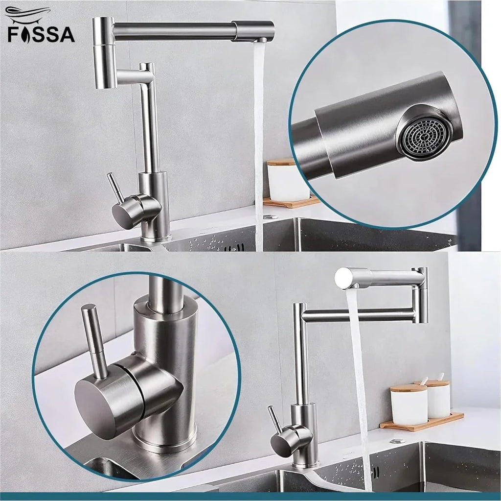 Fossa Zig Zag Stainless Steel Deck Mounted Folding Kitchen Faucet, 304 Stainless Steel Single Handle with 360 Rotating Spout with Pure Water Cold and Hot Modern Drinking Faucet